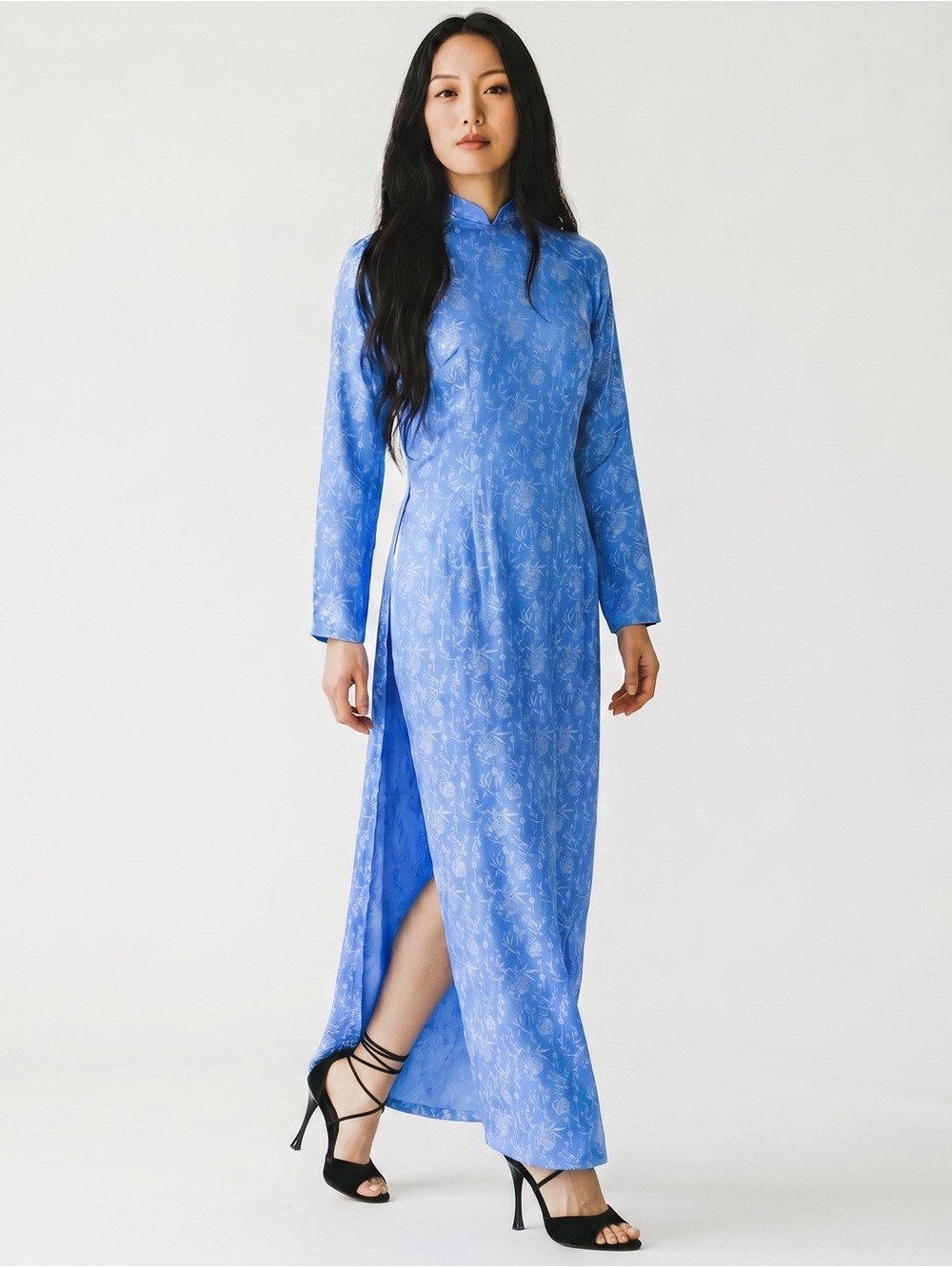 Yaly Couture Genuine Silk Blend Ao Dai Vietnamese Traditional Dress - Blue